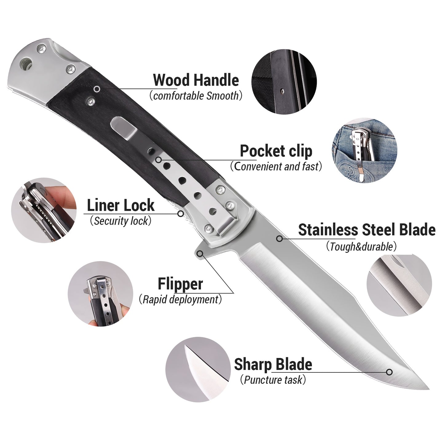 Folding Pocket Knife for Men, 3.9" Steel, Wooden Handle, Liner Lock Design 6696
