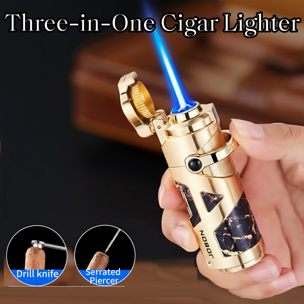 3-in-1 Cigar Lighter with Windproof Jet Flame, Foldable Drill Knife, Serrated Punch and Easy Rocker Switch, Refillable Butane Fuel and Adjustable Flame, Ideal Gift for Men