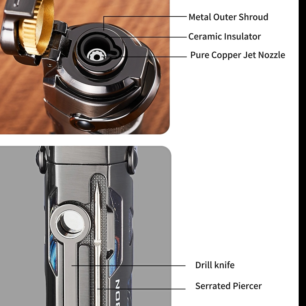 3-in-1 Cigar Lighter with Windproof Jet Flame, Foldable Drill Knife, Serrated Punch and Easy Rocker Switch, Refillable Butane Fuel and Adjustable Flame, Ideal Gift for Men