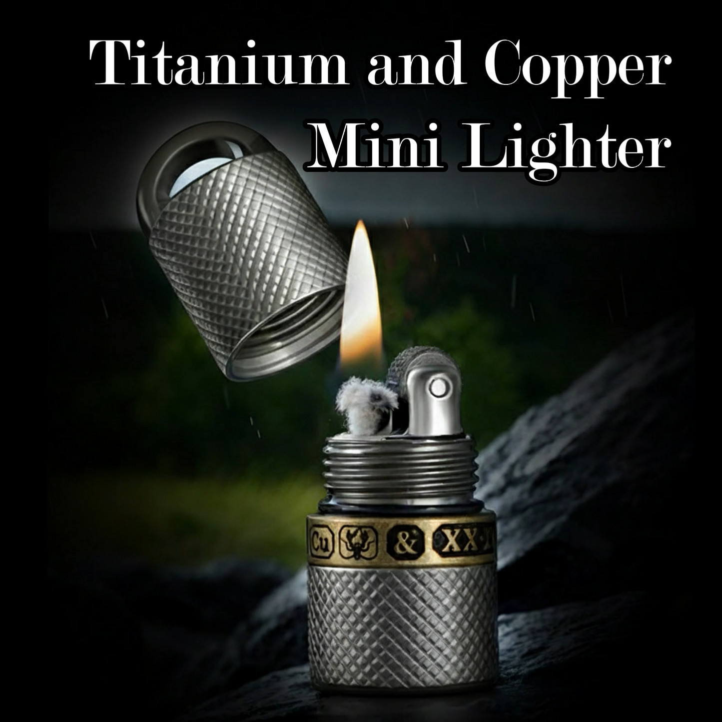 Titanium & Copper Inlay Keychain Lighter - Refillable Kerosene Fuel, Windproof & Portable for Outdoor EDC(20*60mm,46g)