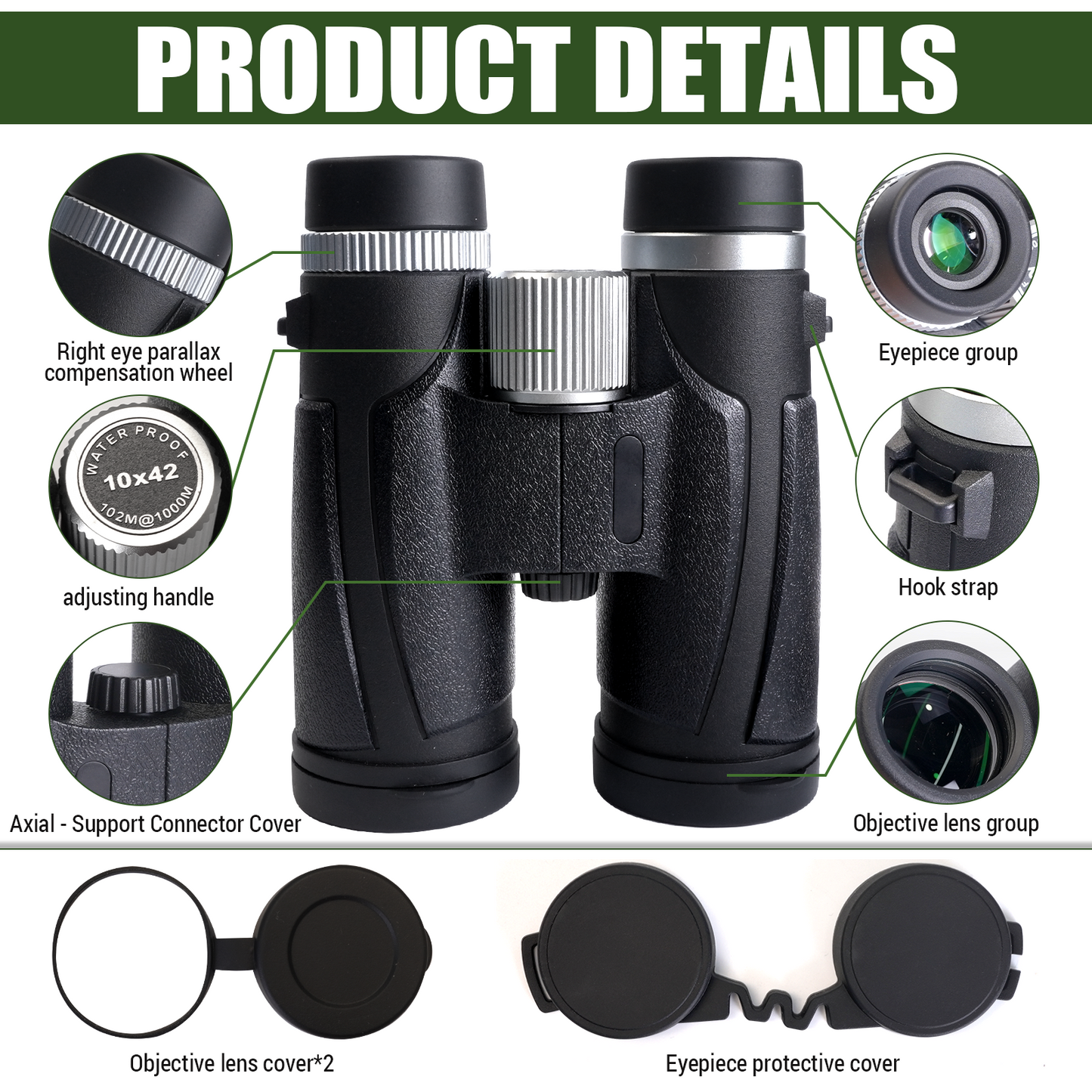 10x42 Water Resistant Binoculars for Adults, Large View, Clear Low Light Vision, Super Bright BAK4 Prism - for Bird Watching, Concert, Football, Stargazing, Cruise - with Carrying Bag.