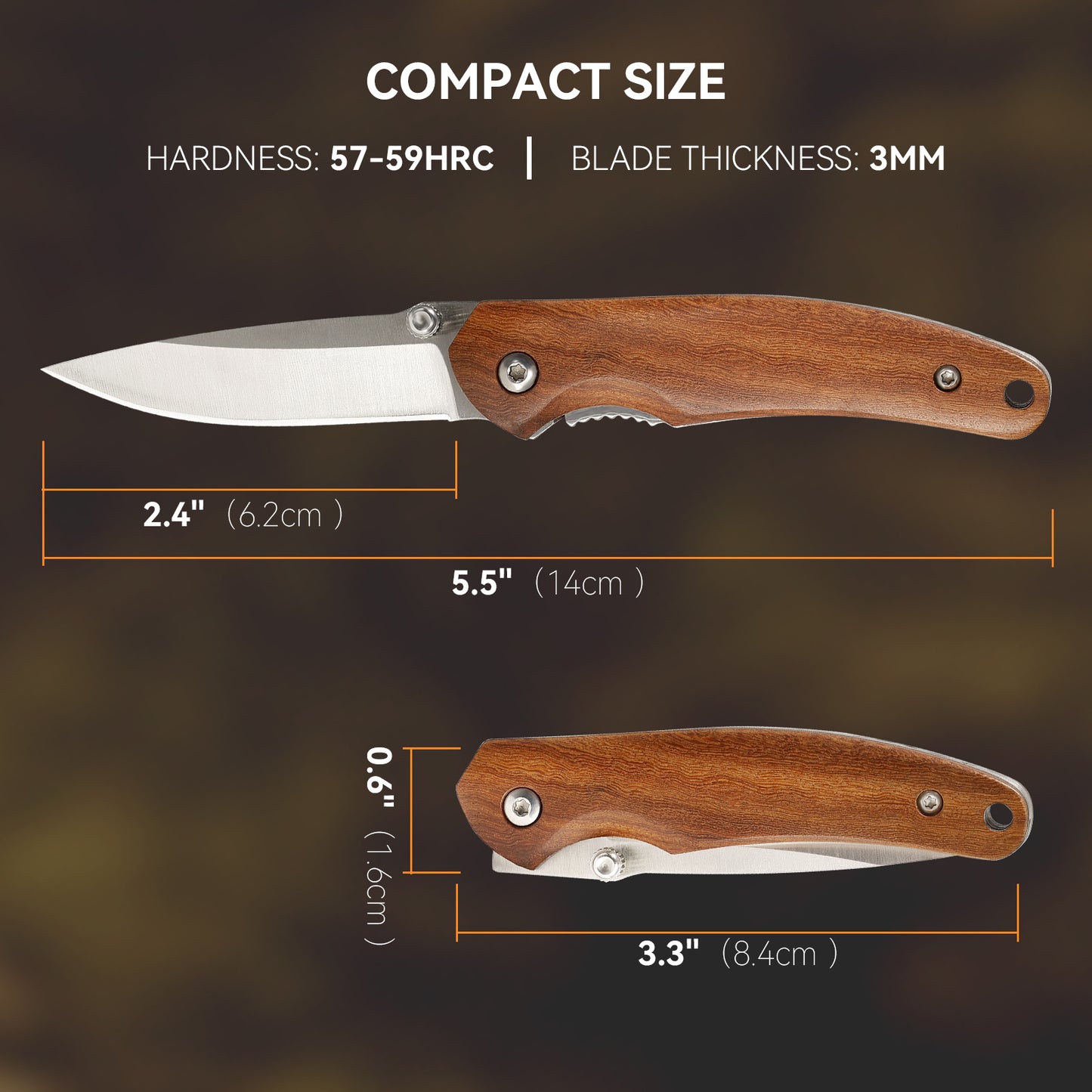 Small Pocket Knife, Folding Knife with 2.4 Inch Blade, Liner Lock, Wood Handle for EDC, Outdoor Camping, Survival (Polished)