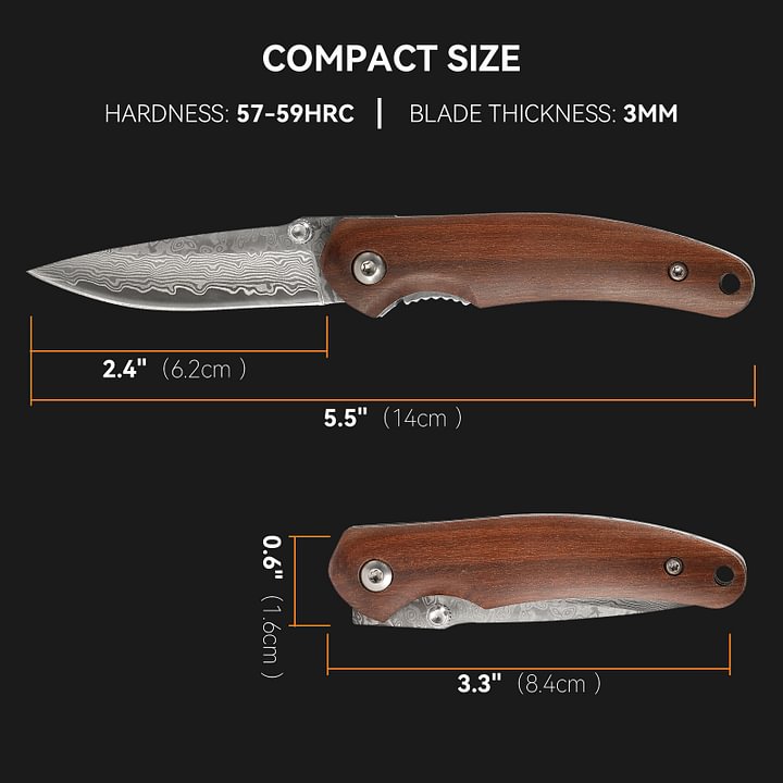 Damascus Small Pocket Knife, Folding Knife with 2.4 Inch Blade, Liner Lock, Wood Handle for EDC, Outdoor Camping, Survival