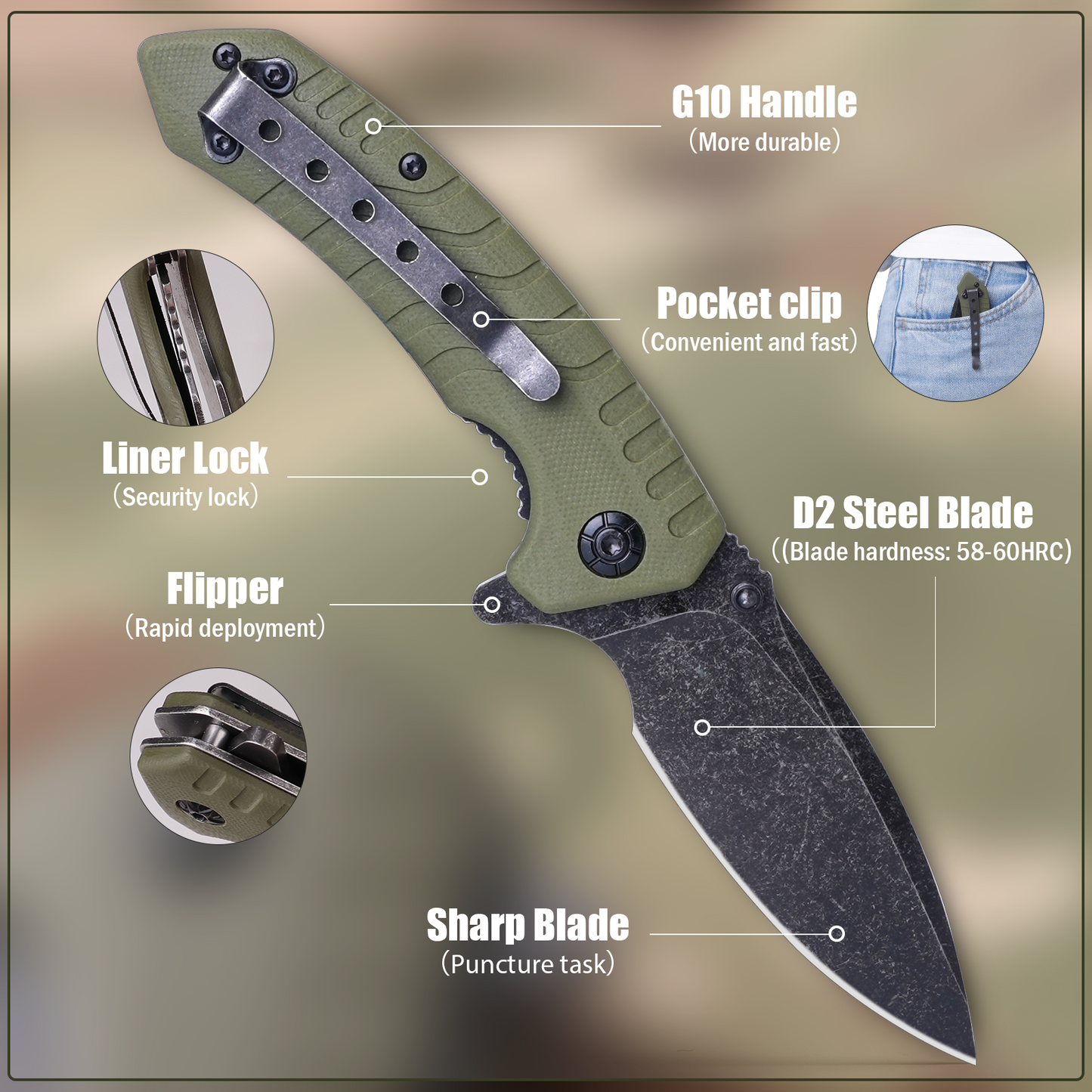Folding Pocket Knife, 3.3 Inch D2 Steel Blade G10 Handle Small EDC Knife with Liner Lock, Pocket Clip for Men Women, Perfect Tool for Camping Hunting Survival