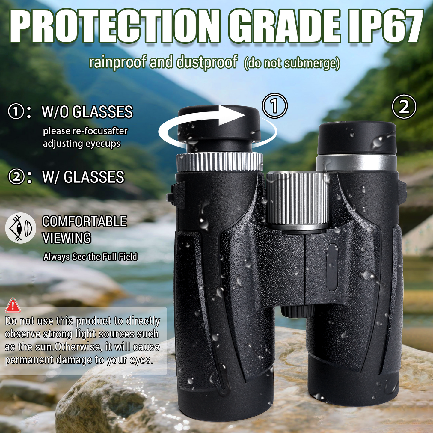 10x42 Water Resistant Binoculars for Adults, Large View, Clear Low Light Vision, Super Bright BAK4 Prism - for Bird Watching, Concert, Football, Stargazing, Cruise - with Carrying Bag.