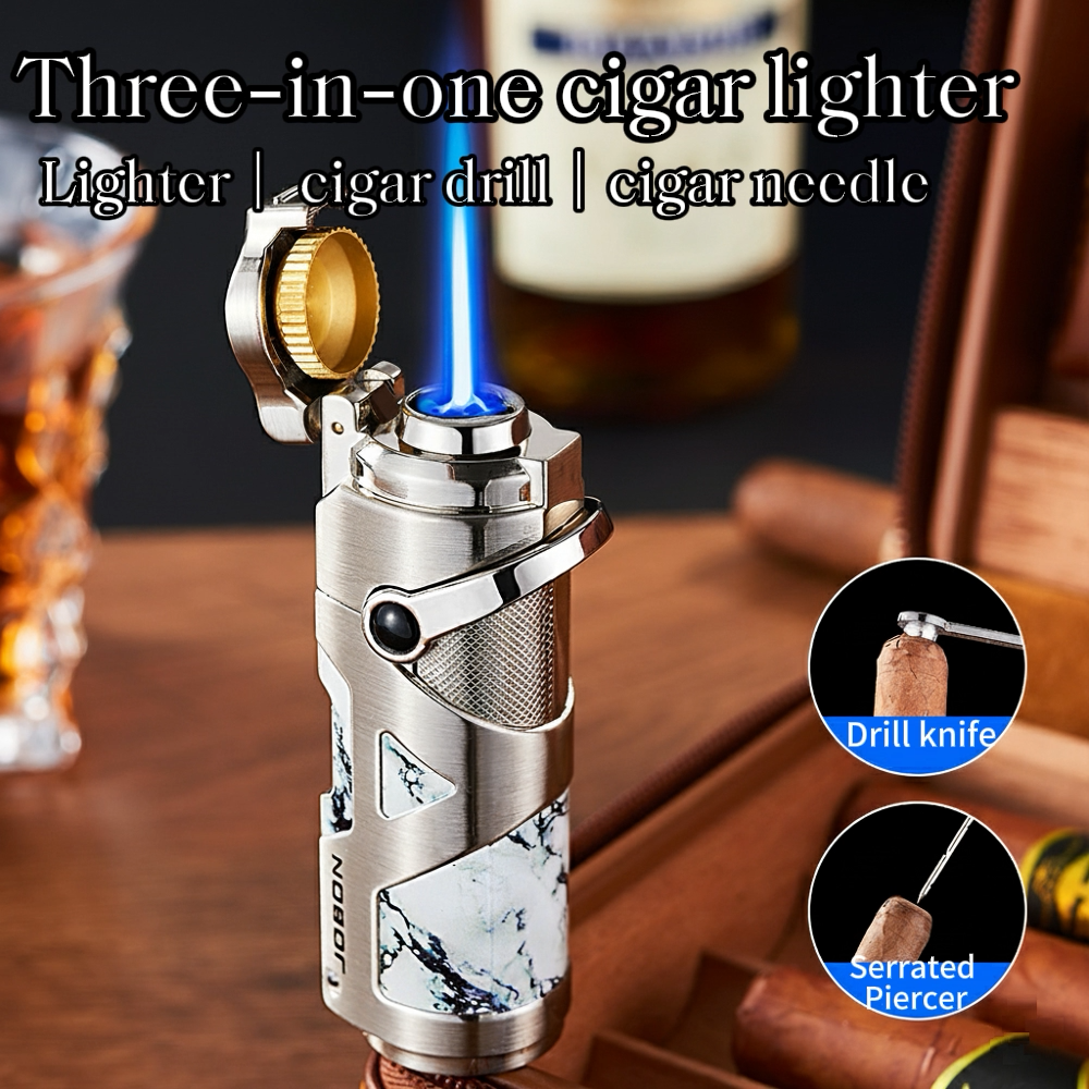 3-in-1 Cigar Lighter with Windproof Jet Flame, Foldable Drill Knife, Serrated Punch and Easy Rocker Switch, Refillable Butane Fuel and Adjustable Flame, Ideal Gift for Men