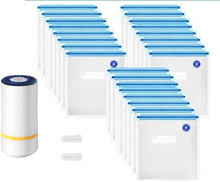 Handheld Vacuum Sealer Set with 30 Reusable Sous Vide Bags, Powerful Cordless USB Rechargeable Food Saver Pump & 3 Sizes Leak-Proof Storage Bags for Sous Vide, Freezer & Fresh Food Preservation