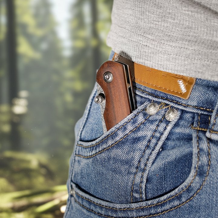 Damascus Small Pocket Knife, Folding Knife with 2.4 Inch Blade, Liner Lock, Wood Handle for EDC, Outdoor Camping, Survival