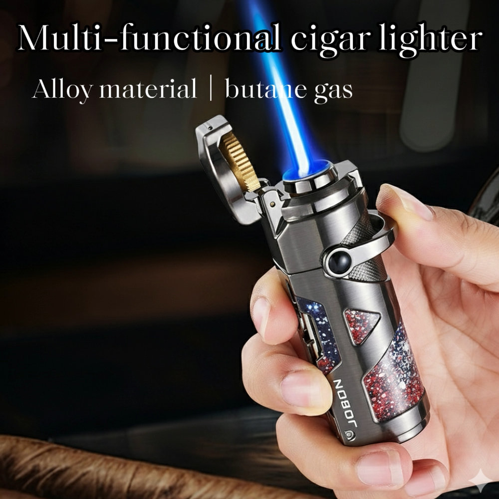 3-in-1 Cigar Lighter with Windproof Jet Flame, Foldable Drill Knife, Serrated Punch and Easy Rocker Switch, Refillable Butane Fuel and Adjustable Flame, Ideal Gift for Men