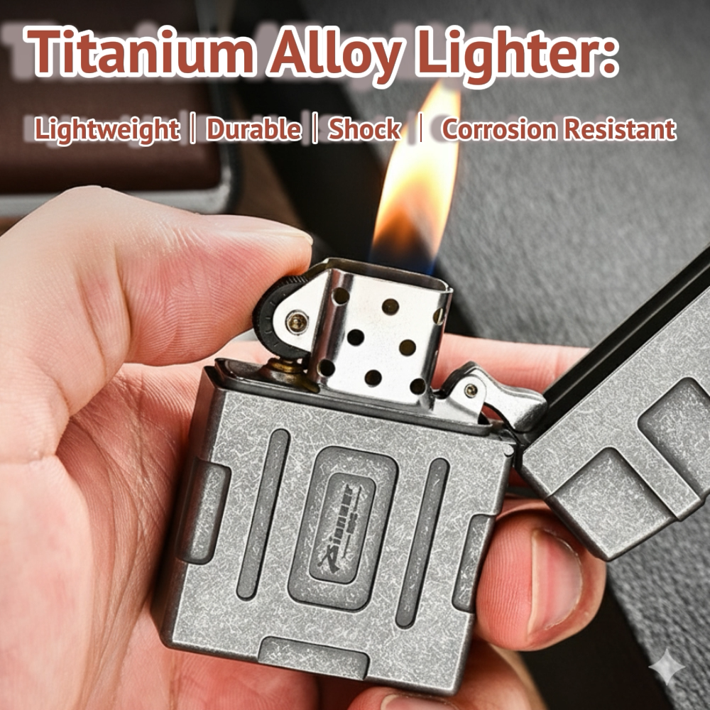 Titanium Windproof Lighter | Refillable Kerosene Pocket Lighter | Sandblasted & Stone Washed Finish | Gift Box Included