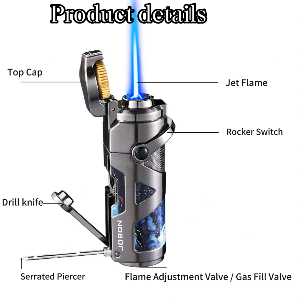 3-in-1 Cigar Lighter with Windproof Jet Flame, Foldable Drill Knife, Serrated Punch and Easy Rocker Switch, Refillable Butane Fuel and Adjustable Flame, Ideal Gift for Men