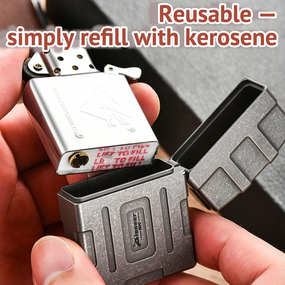 Titanium Windproof Lighter | Refillable Kerosene Pocket Lighter | Sandblasted & Stone Washed Finish | Gift Box Included