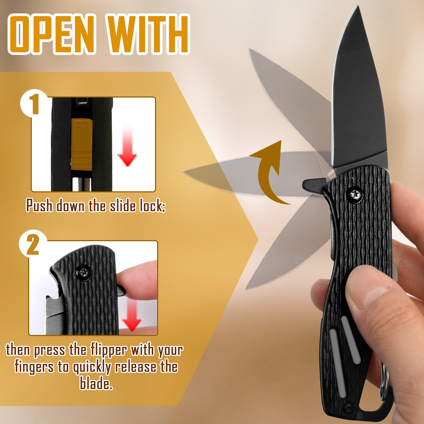 Keychain Folding Knife, Small Pocket Knife with Safety Lock, 2.5" Steel Blade, Bottle Opener, Great EDC Tool for Men Women Gift 6175P