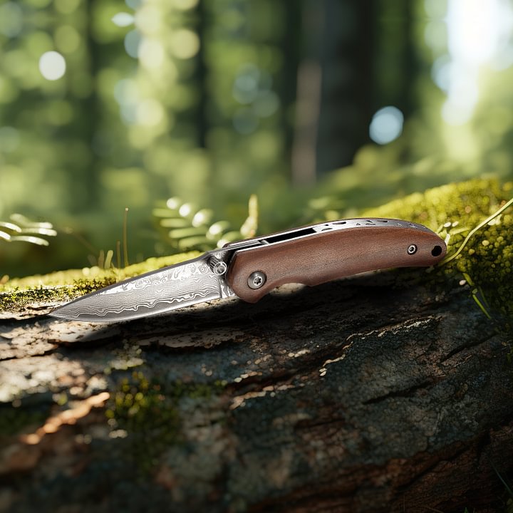 Damascus Small Pocket Knife, Folding Knife with 2.4 Inch Blade, Liner Lock, Wood Handle for EDC, Outdoor Camping, Survival