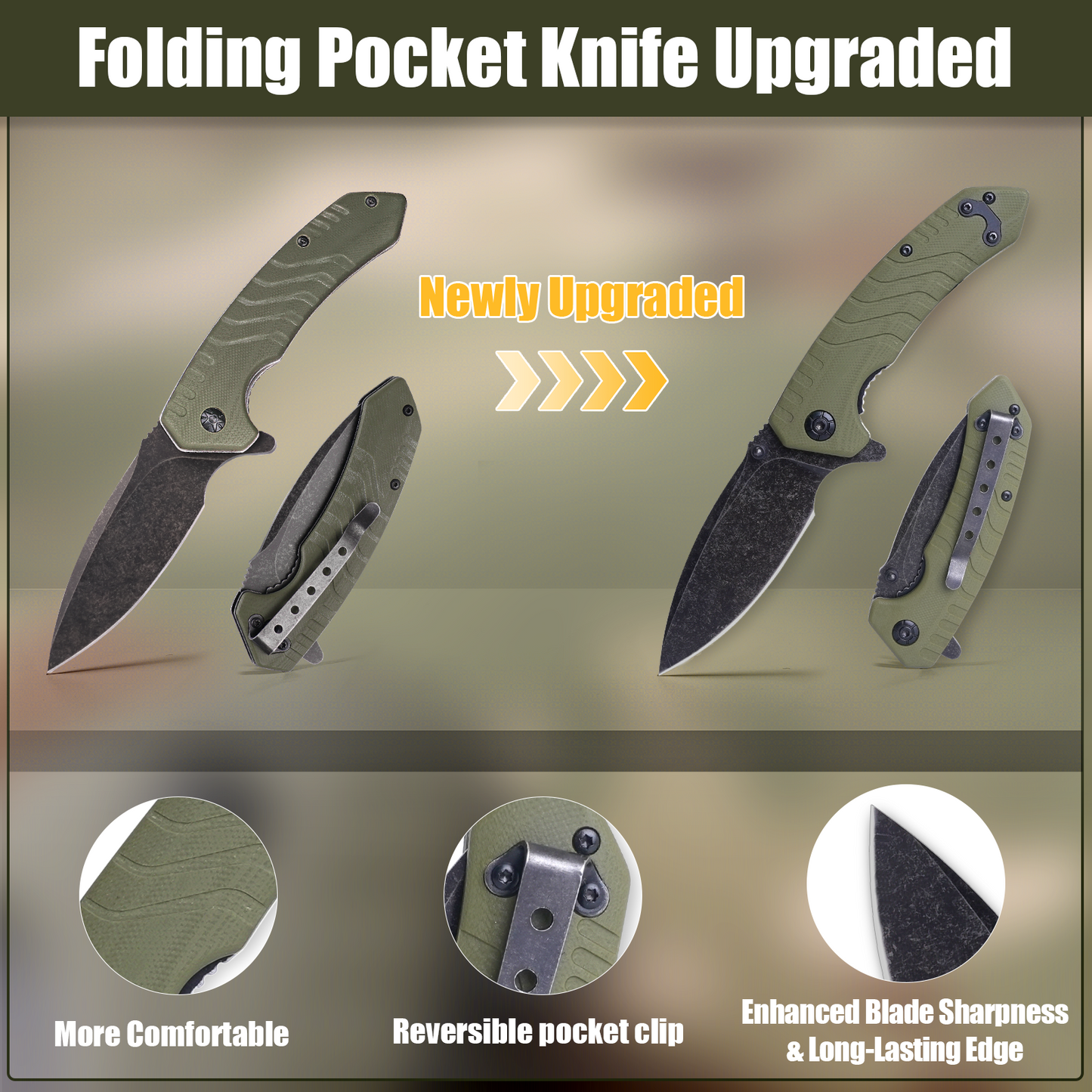 Folding Pocket Knife, 3.3 Inch D2 Steel Blade G10 Handle Small EDC Knife with Liner Lock, Pocket Clip for Men Women, Perfect Tool for Camping Hunting Survival