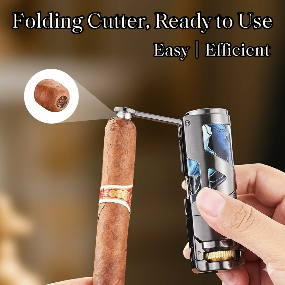 3-in-1 Cigar Lighter with Windproof Jet Flame, Foldable Drill Knife, Serrated Punch and Easy Rocker Switch, Refillable Butane Fuel and Adjustable Flame, Ideal Gift for Men