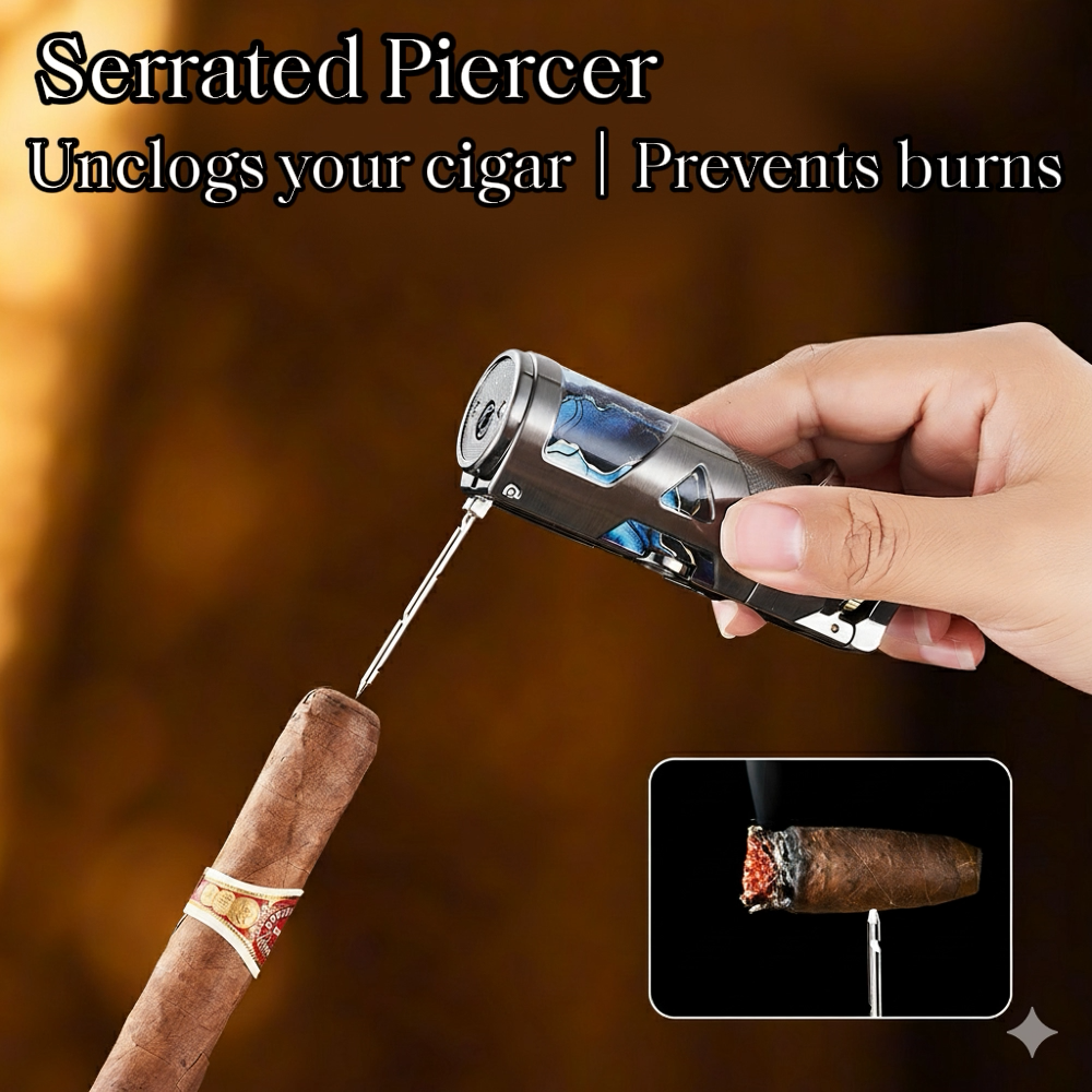 3-in-1 Cigar Lighter with Windproof Jet Flame, Foldable Drill Knife, Serrated Punch and Easy Rocker Switch, Refillable Butane Fuel and Adjustable Flame, Ideal Gift for Men