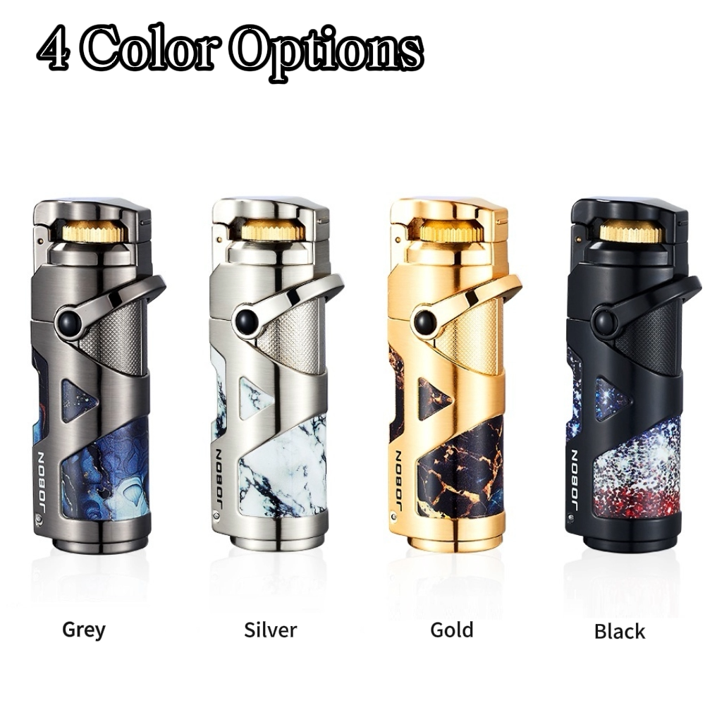 3-in-1 Cigar Lighter with Windproof Jet Flame, Foldable Drill Knife, Serrated Punch and Easy Rocker Switch, Refillable Butane Fuel and Adjustable Flame, Ideal Gift for Men