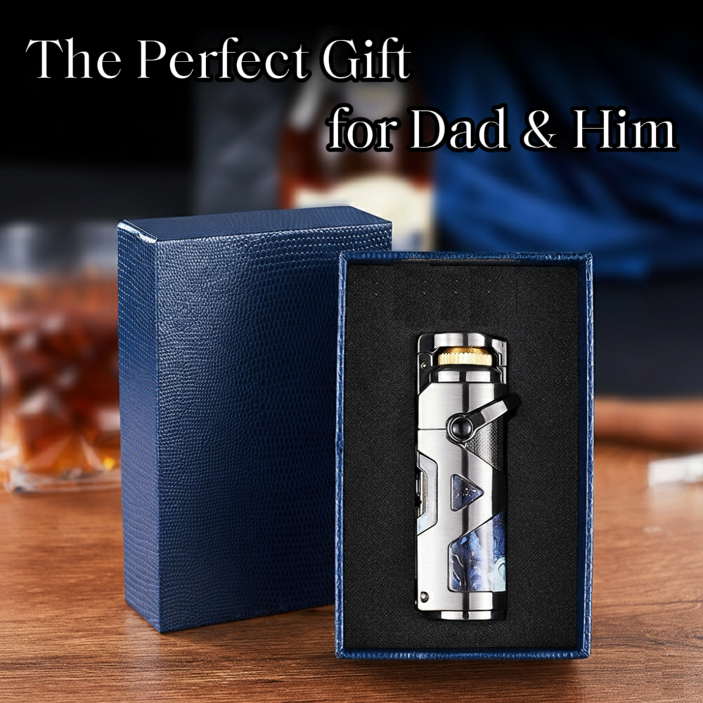 3-in-1 Cigar Lighter with Windproof Jet Flame, Foldable Drill Knife, Serrated Punch and Easy Rocker Switch, Refillable Butane Fuel and Adjustable Flame, Ideal Gift for Men
