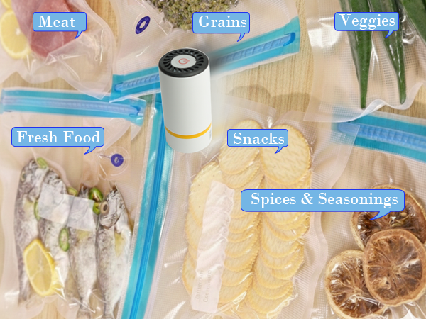 Handheld Vacuum Sealer Set with 30 Reusable Sous Vide Bags, Powerful Cordless USB Rechargeable Food Saver Pump & 3 Sizes Leak-Proof Storage Bags for Sous Vide, Freezer & Fresh Food Preservation