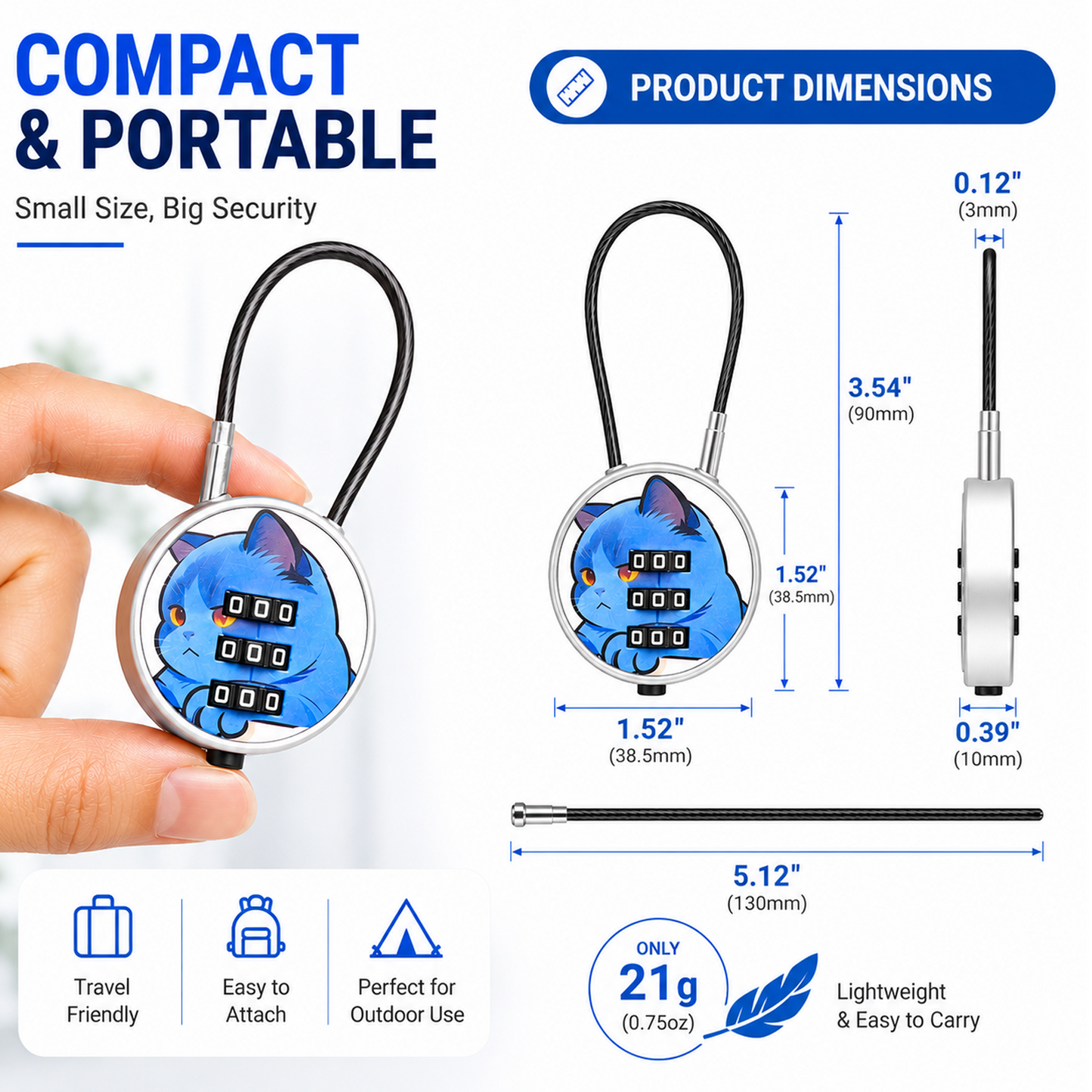 3 Pack Combination Locks - Cable Lock Set with Flexible Braided Steel Cable, One-Press Quick Unlock, Easy Reset, Ideal for Luggage, Backpacks, Lockers & Gym Use