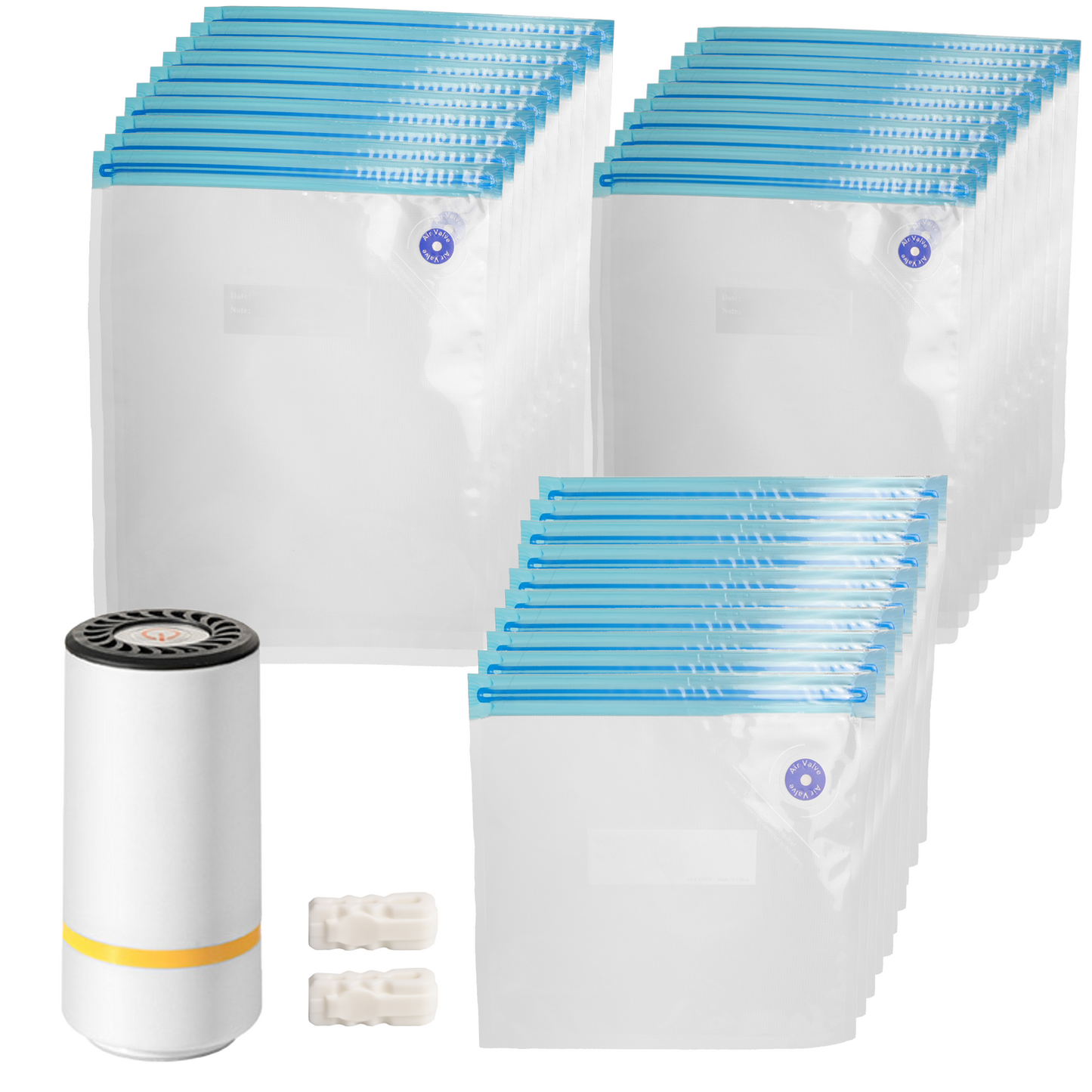 Handheld Vacuum Sealer Set with 30 Reusable Sous Vide Bags, Powerful Cordless USB Rechargeable Food Saver Pump & 3 Sizes Leak-Proof Storage Bags for Sous Vide, Freezer & Fresh Food Preservation