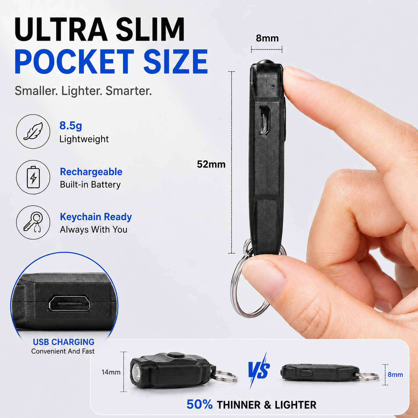 USB Rechargeable Keychain Light, 9pcs Mini LED Flashlight with Keyring, Great EDC Tool, Gift for Kids Teens (9, Black)