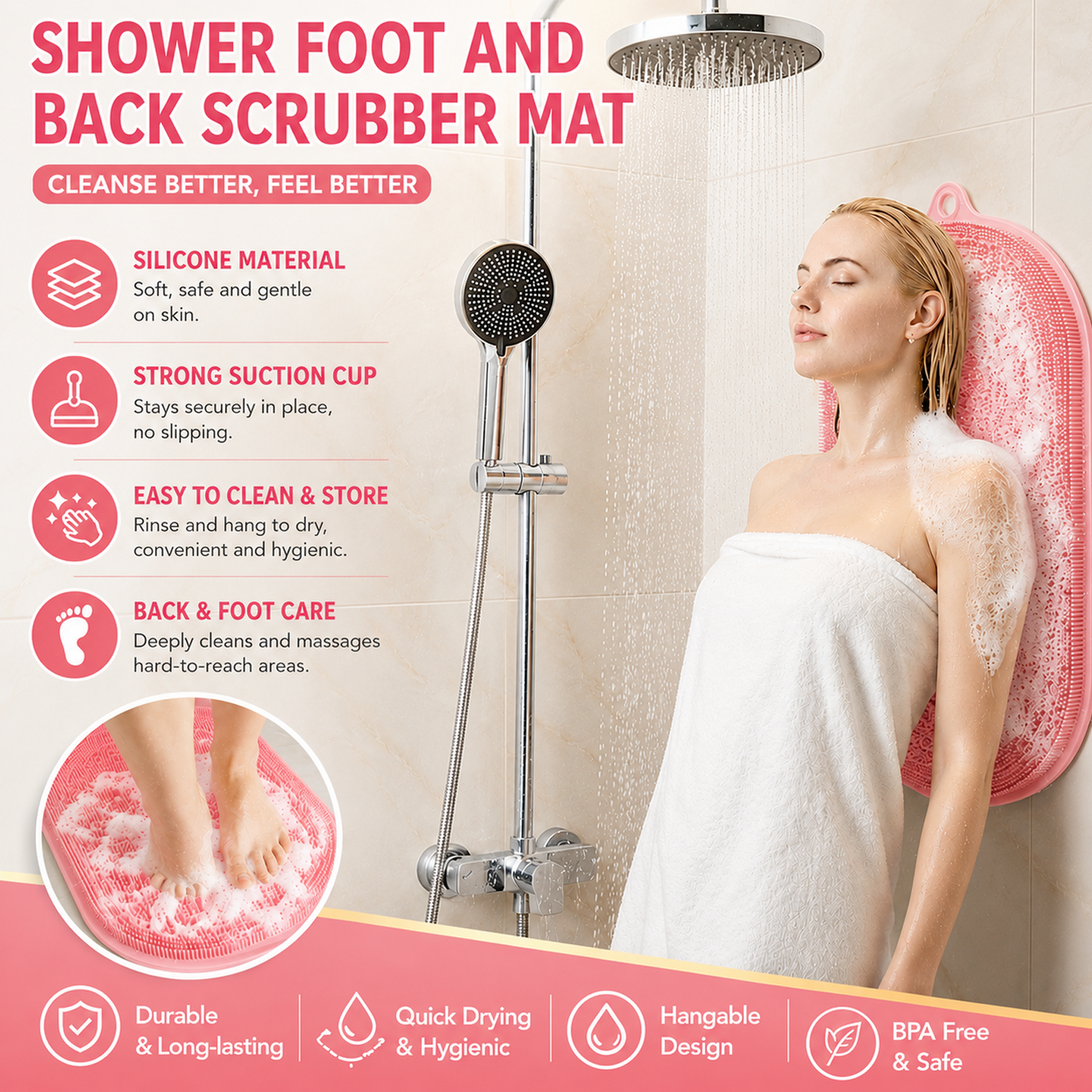 Silicone Shower Foot and Back Scrubber Mat - 21.3" Foot Massager ,Strong Suction Cups Non-Slip, Hands-Free Dead Skin Remover & Exfoliator for Elderly & Pregnant Women, No Bending Required (pink)