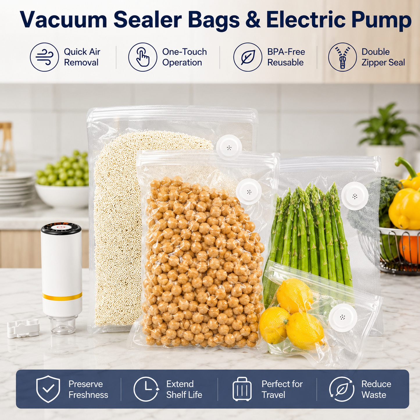 30 PCS Reusable Vacuum Sealer Bags, 3 Sizes of Food Storage Bags for Sous Vide, Freezer & Vacuum Sealers, BPA-Free with 3D Valve (-40°C to 100°C)