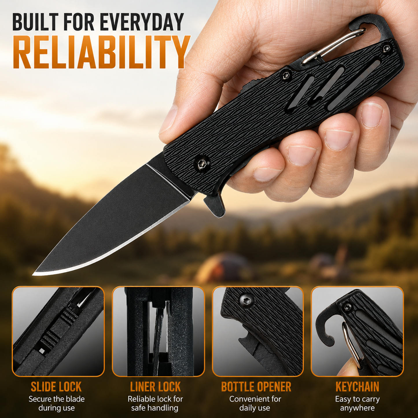 Keychain Folding Knife, Small Pocket Knife with Safety Lock, 2.5" Steel Blade, Bottle Opener, Great EDC Tool for Men Women Gift 6175P