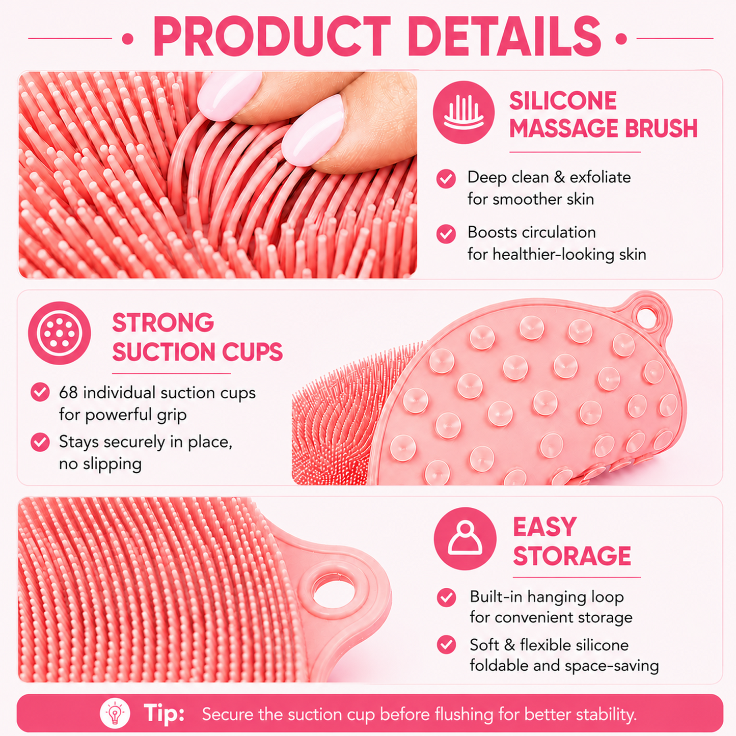 Silicone Shower Foot and Back Scrubber Mat - 21.3" Foot Massager ,Strong Suction Cups Non-Slip, Hands-Free Dead Skin Remover & Exfoliator for Elderly & Pregnant Women, No Bending Required (pink)