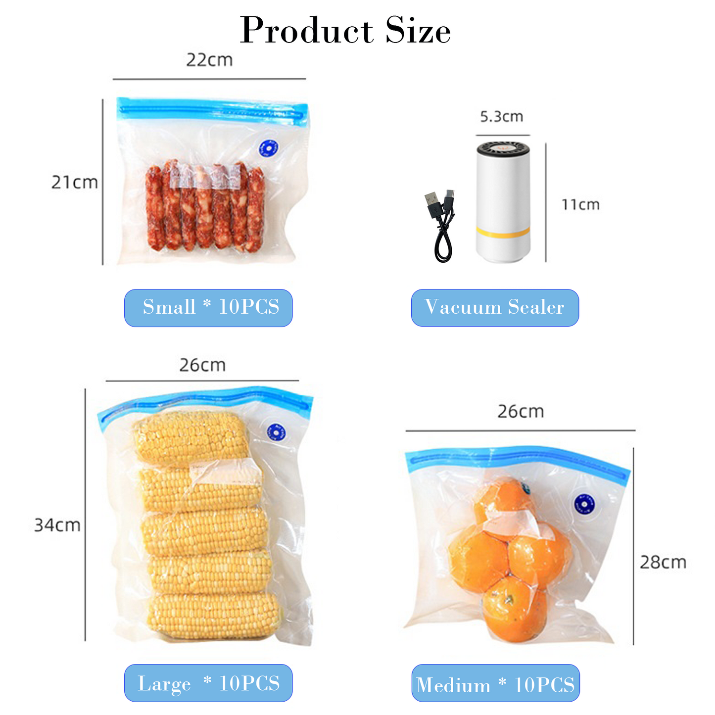 Handheld Vacuum Sealer Set with 30 Reusable Sous Vide Bags, Powerful Cordless USB Rechargeable Food Saver Pump & 3 Sizes Leak-Proof Storage Bags for Sous Vide, Freezer & Fresh Food Preservation
