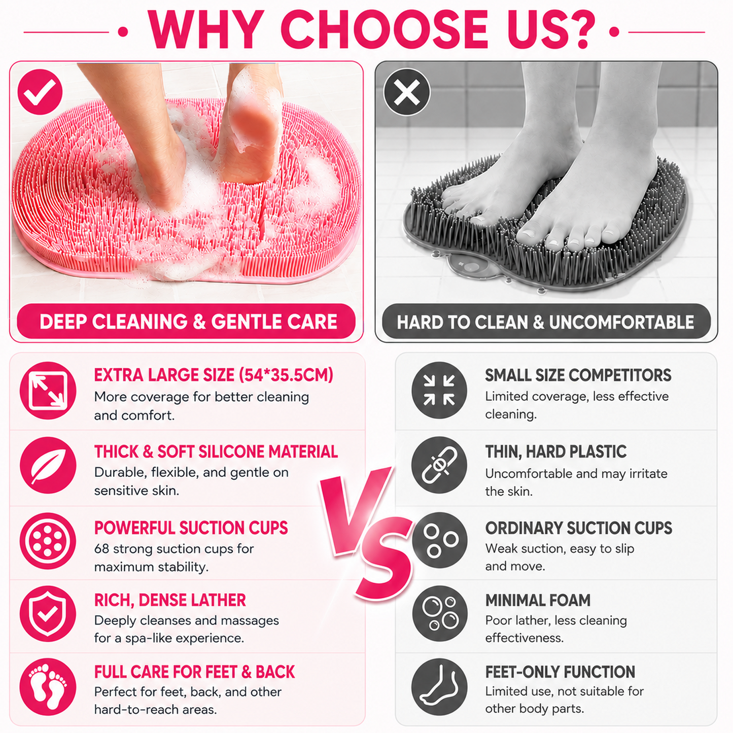 Silicone Shower Foot and Back Scrubber Mat - 21.3" Foot Massager ,Strong Suction Cups Non-Slip, Hands-Free Dead Skin Remover & Exfoliator for Elderly & Pregnant Women, No Bending Required (pink)