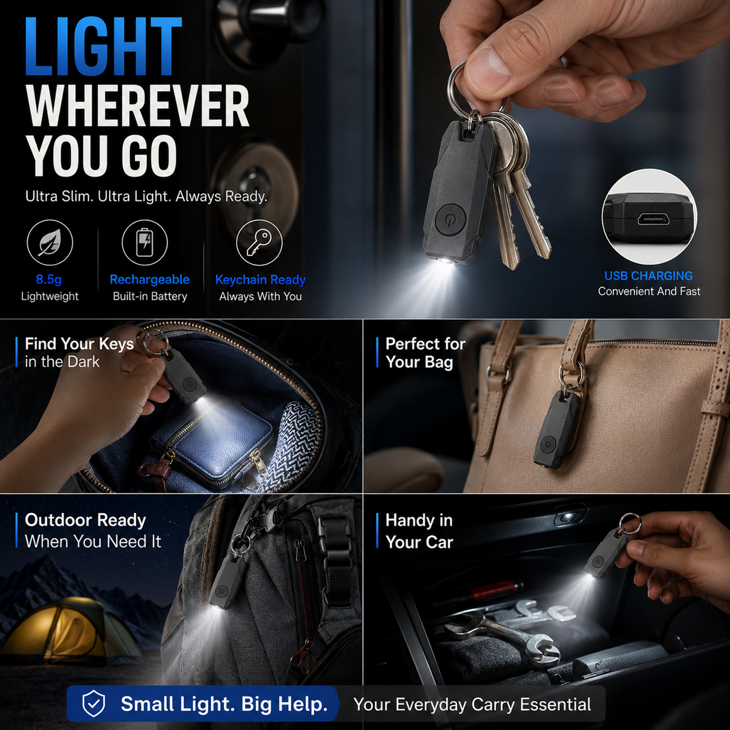 USB Rechargeable Keychain Light, 9pcs Mini LED Flashlight with Keyring, Great EDC Tool, Gift for Kids Teens (9, Black)