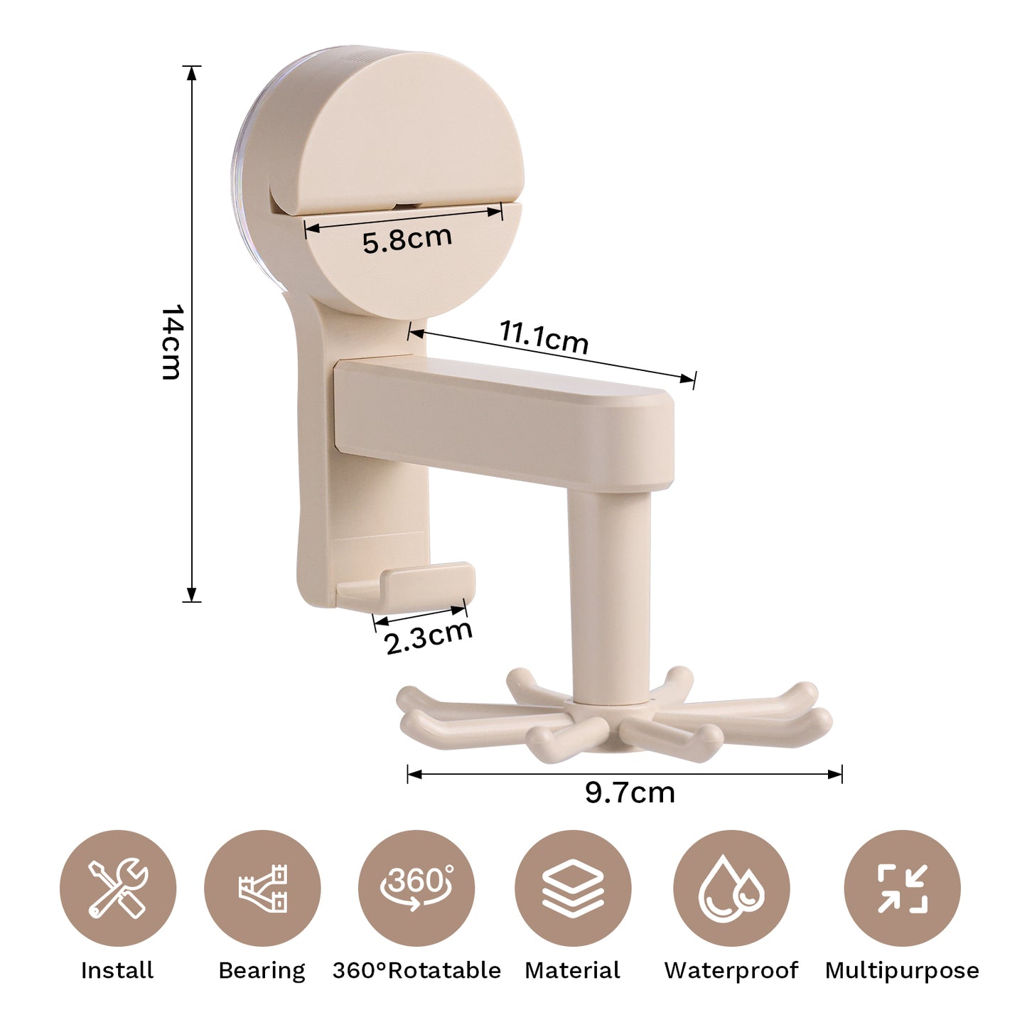 8 Hooks - Suction Cup Hooks - 360° Rotating Wall Mount Organizer, No Damage Adhesive Free Hooks for Walls, Kitchen, Bathroom, Cooking Utensil Holder, Key Holder, Dresser (White)