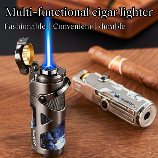 3-in-1 Cigar Lighter with Windproof Jet Flame, Foldable Drill Knife, Serrated Punch and Easy Rocker Switch, Refillable Butane Fuel and Adjustable Flame, Ideal Gift for Men