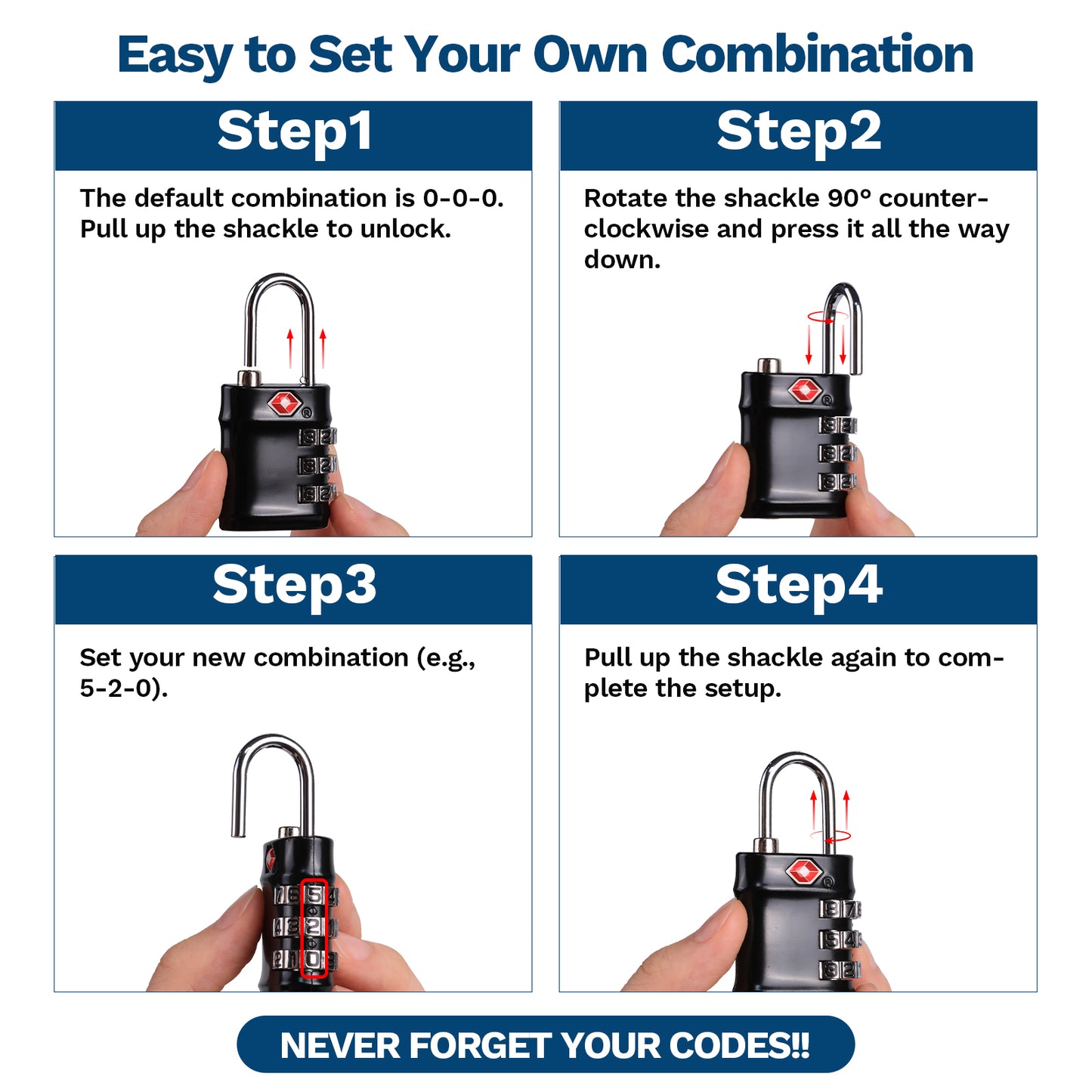 TSA Approved Combination Lock - Compact & Durable Luggage Locks, 3-Digit Resettable Password for Travel, Gym Lockers, Cabinets, Black