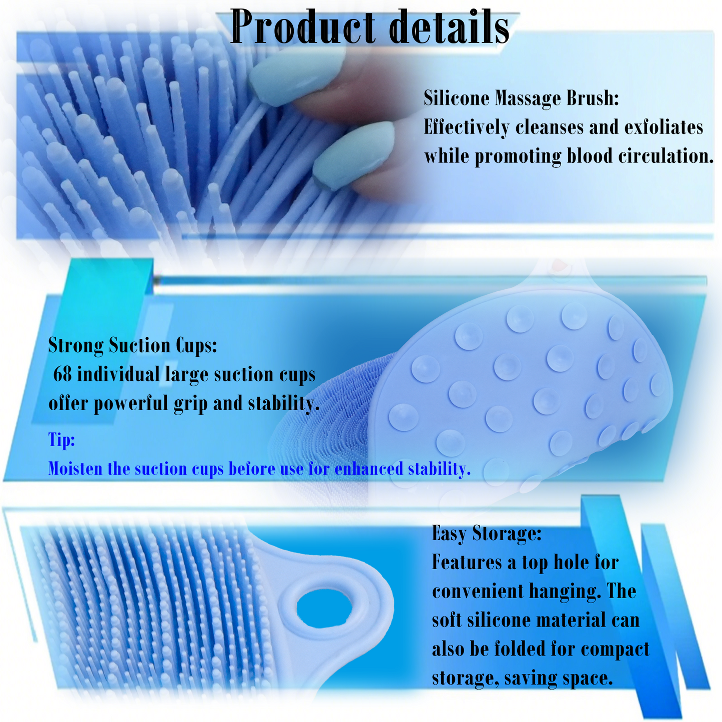 Silicone Shower Foot and Back Scrubber Mat - 21.3" Foot Massager ,Strong Suction Cups Non-Slip, Hands-Free Dead Skin Remover & Exfoliator for Elderly & Pregnant Women, No Bending Required (Blue)