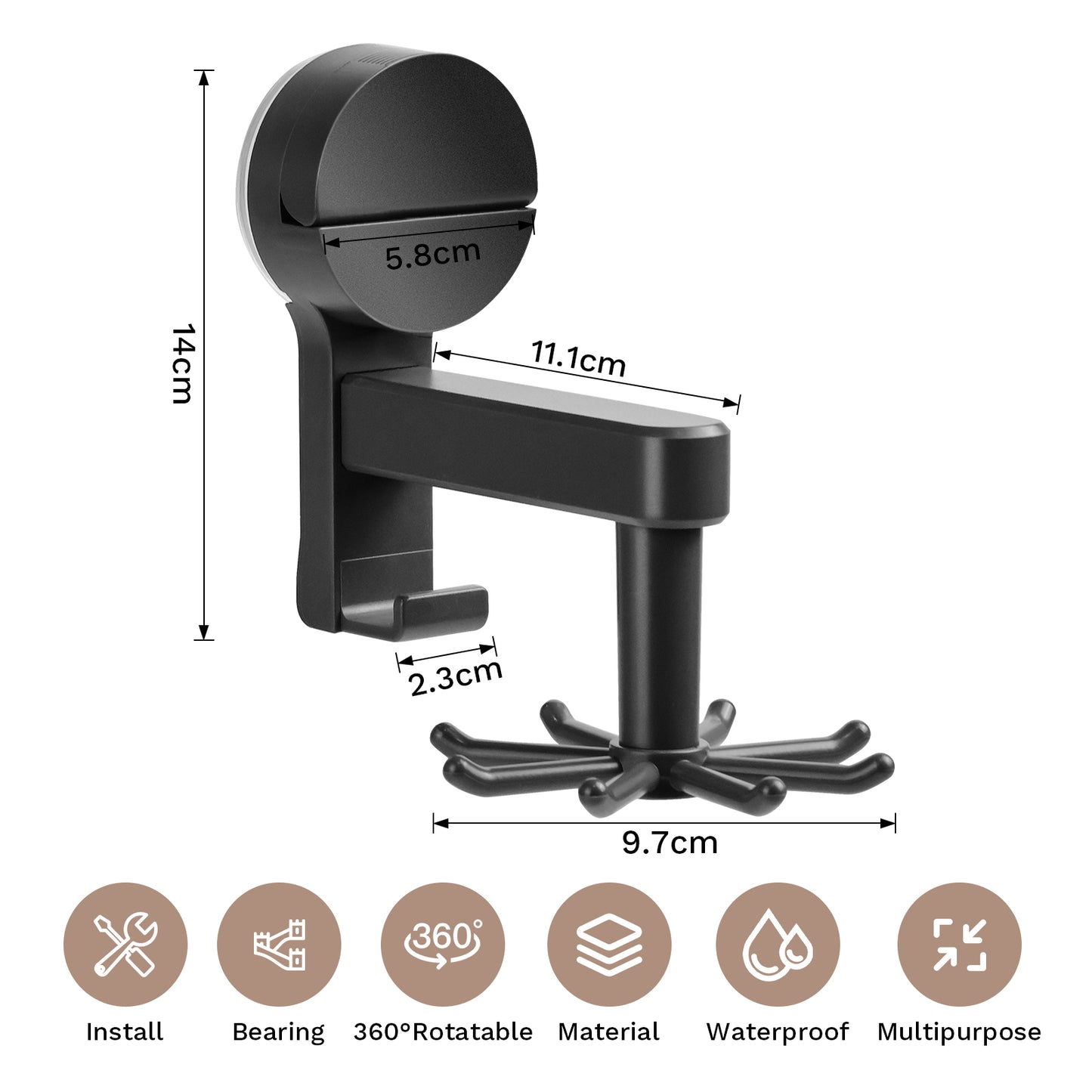 Suction Cup Hooks - 360° Rotating Wall Mount Organizer, No Damage Adhesive Free Hooks for Walls, Kitchen, Bathroom, Cooking Utensil Holder, Key Holder, Dresser（8 Hooks） (Grey)