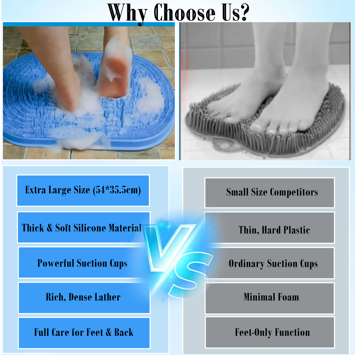 Silicone Shower Foot and Back Scrubber Mat - 21.3" Foot Massager ,Strong Suction Cups Non-Slip, Hands-Free Dead Skin Remover & Exfoliator for Elderly & Pregnant Women, No Bending Required (Blue)