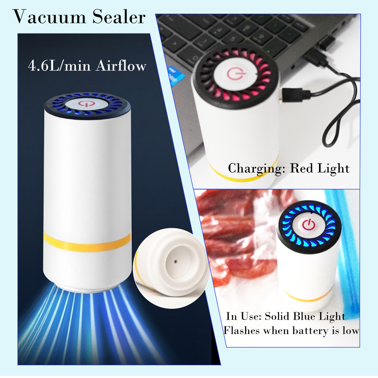 Handheld Vacuum Sealer Set with 30 Reusable Sous Vide Bags, Powerful Cordless USB Rechargeable Food Saver Pump & 3 Sizes Leak-Proof Storage Bags for Sous Vide, Freezer & Fresh Food Preservation