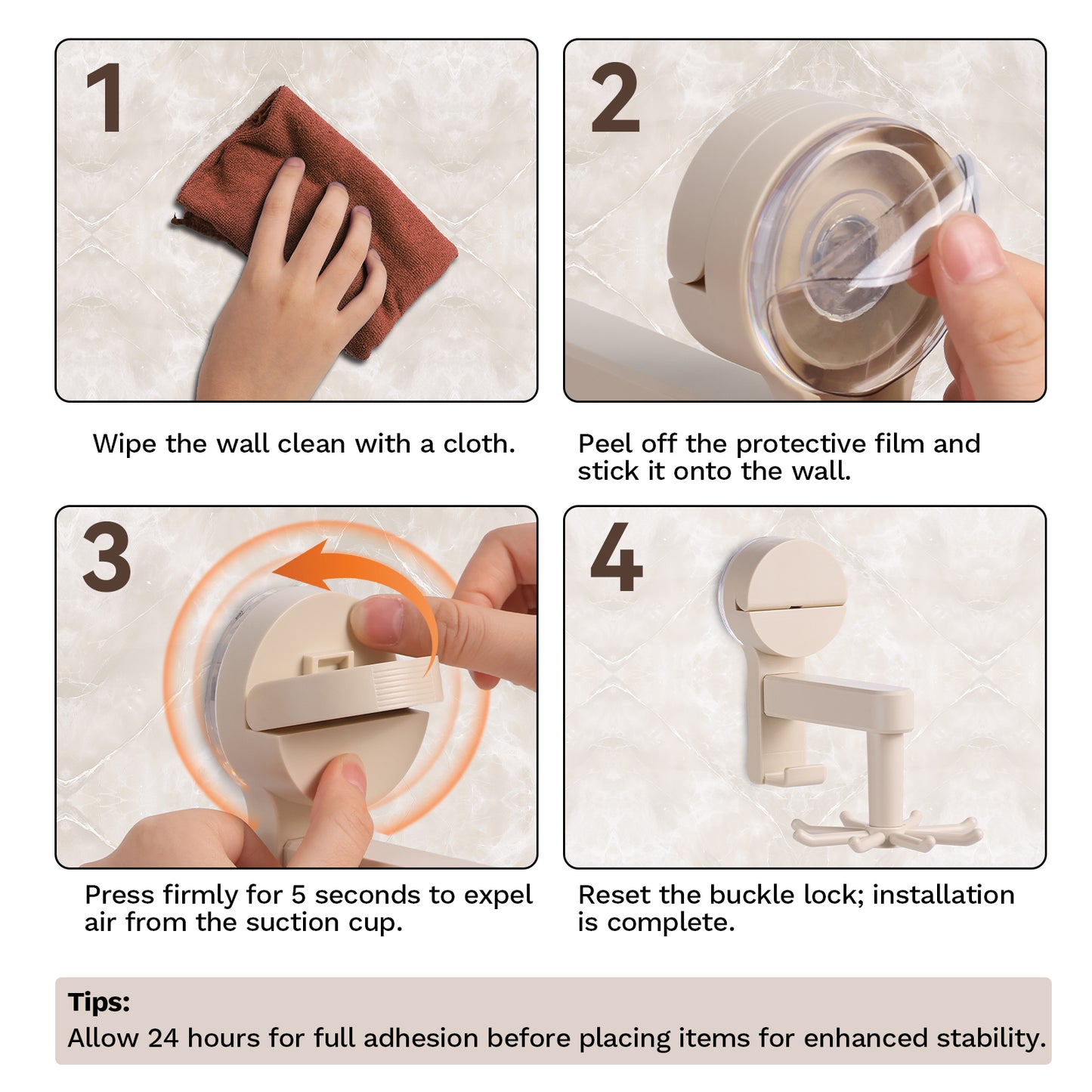 8 Hooks - Suction Cup Hooks - 360° Rotating Wall Mount Organizer, No Damage Adhesive Free Hooks for Walls, Kitchen, Bathroom, Cooking Utensil Holder, Key Holder, Dresser (White)