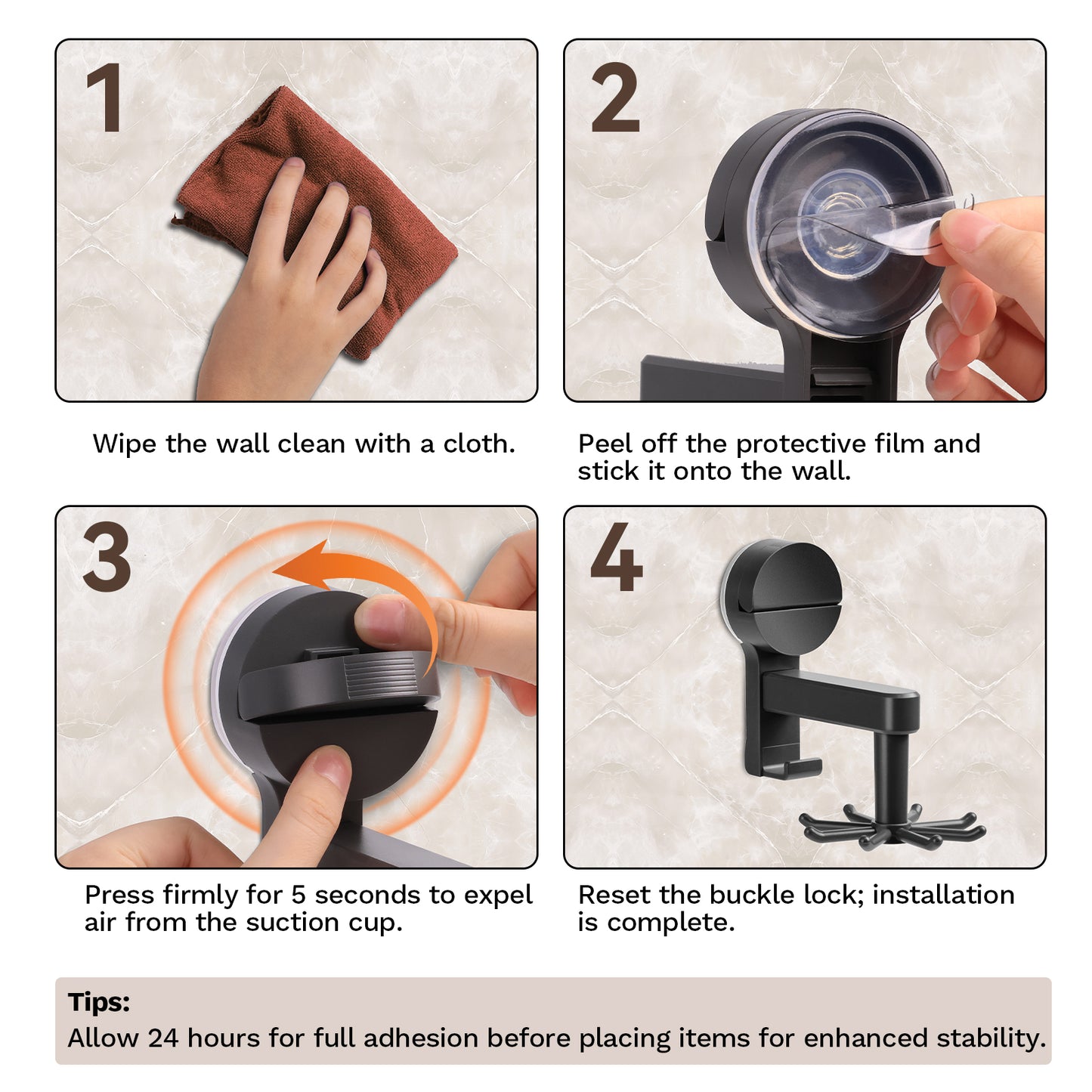 Suction Cup Hooks - 360° Rotating Wall Mount Organizer, No Damage Adhesive Free Hooks for Walls, Kitchen, Bathroom, Cooking Utensil Holder, Key Holder, Dresser（8 Hooks） (Grey)