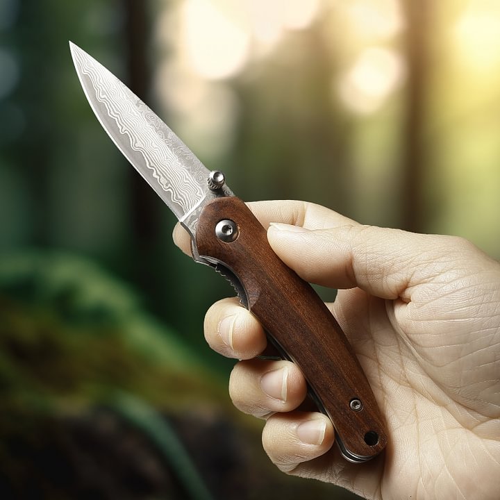 Damascus Small Pocket Knife, Folding Knife with 2.4 Inch Blade, Liner Lock, Wood Handle for EDC, Outdoor Camping, Survival