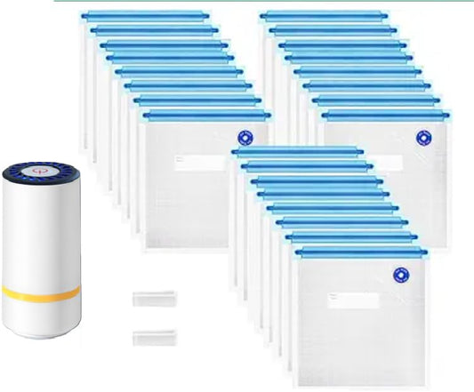 Handheld Vacuum Sealer Set with 30 Reusable Sous Vide Bags, Powerful Cordless USB Rechargeable Food Saver Pump & 3 Sizes Leak-Proof Storage Bags for Sous Vide, Freezer & Fresh Food Preservation