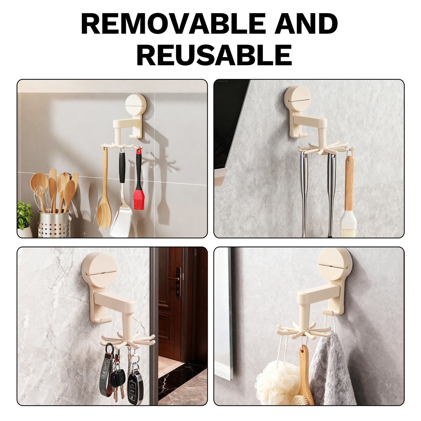 8 Hooks - Suction Cup Hooks - 360° Rotating Wall Mount Organizer, No Damage Adhesive Free Hooks for Walls, Kitchen, Bathroom, Cooking Utensil Holder, Key Holder, Dresser (White)