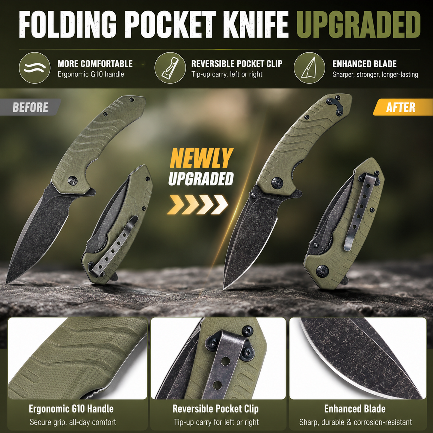 Folding Pocket Knife, 3.3 Inch D2 Steel Blade G10 Handle Small EDC Knife with Liner Lock, Pocket Clip for Men Women, Perfect Tool for Camping Hunting Survival