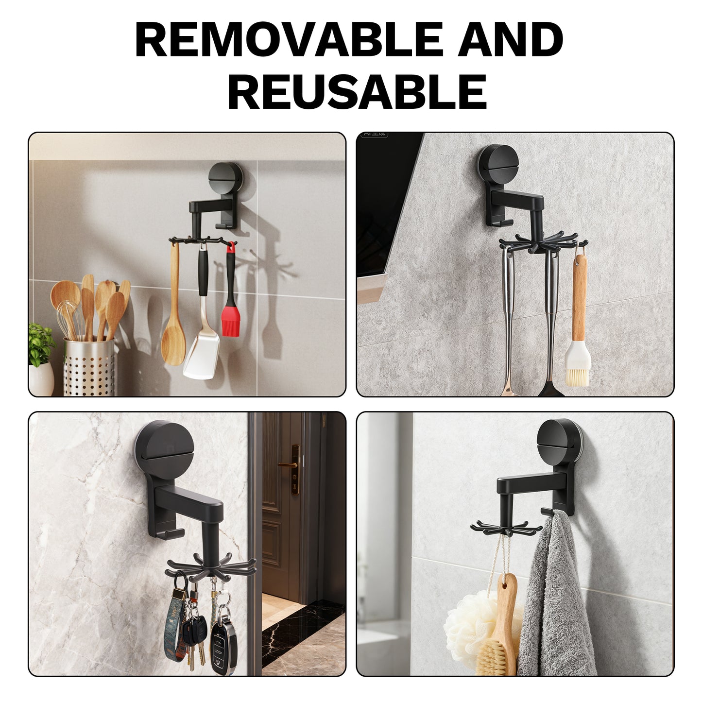 Suction Cup Hooks - 360° Rotating Wall Mount Organizer, No Damage Adhesive Free Hooks for Walls, Kitchen, Bathroom, Cooking Utensil Holder, Key Holder, Dresser（8 Hooks） (Grey)