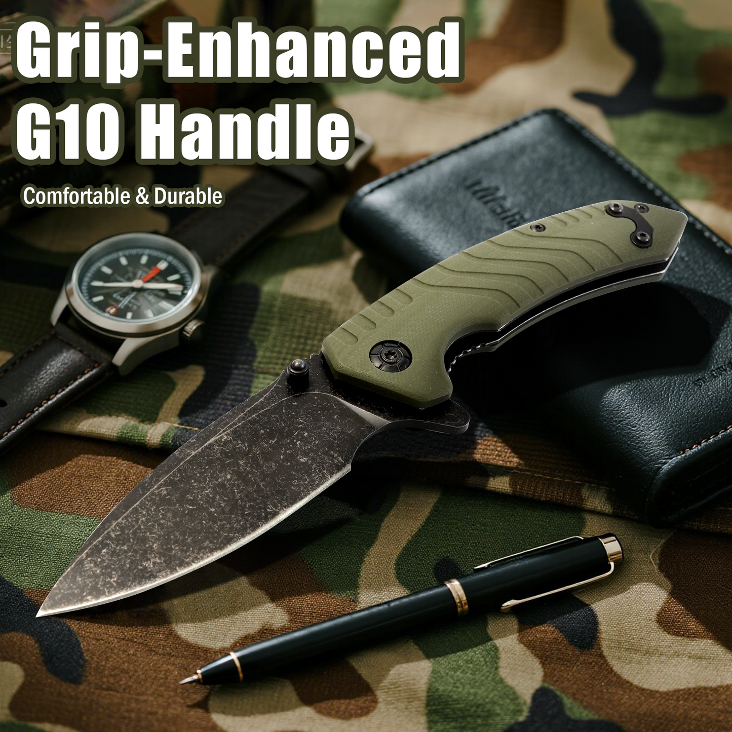 Folding Pocket Knife, 3.3 Inch D2 Steel Blade G10 Handle Small EDC Knife with Liner Lock, Pocket Clip for Men Women, Perfect Tool for Camping Hunting Survival