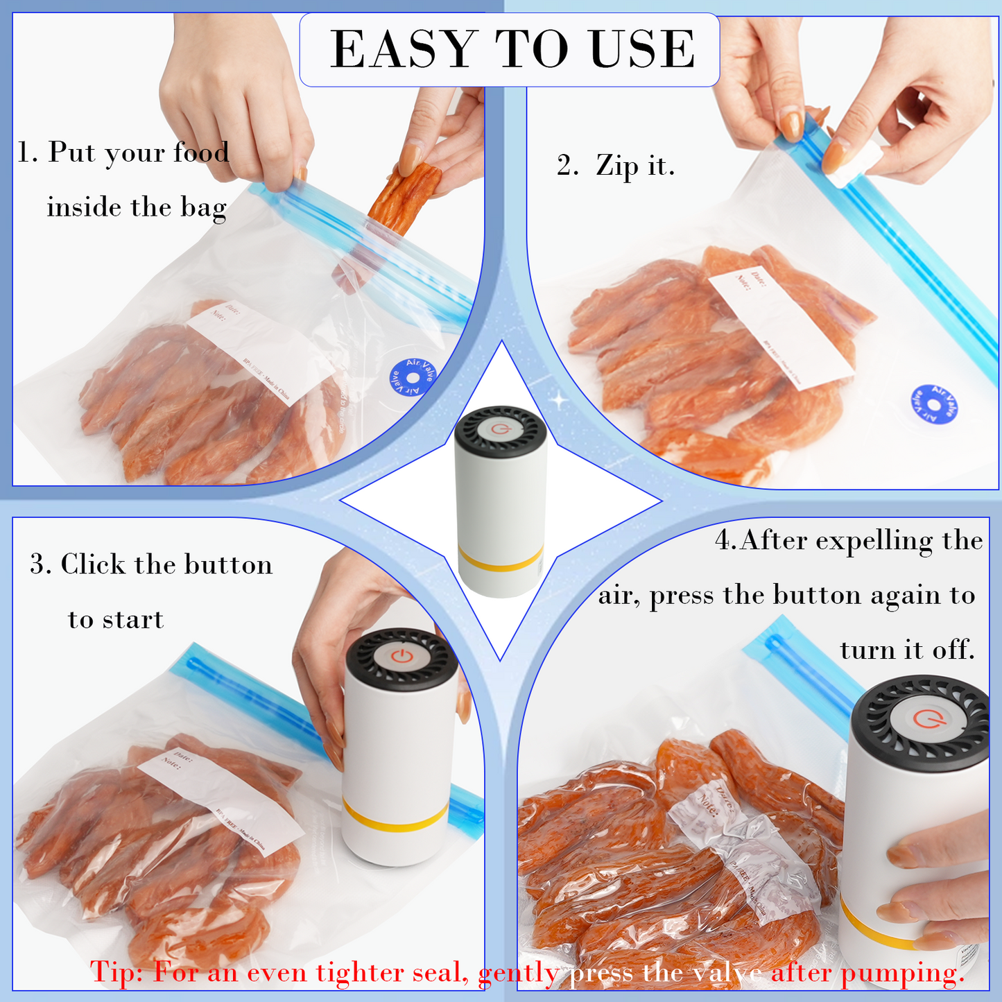 Handheld Vacuum Sealer Set with 30 Reusable Sous Vide Bags, Powerful Cordless USB Rechargeable Food Saver Pump & 3 Sizes Leak-Proof Storage Bags for Sous Vide, Freezer & Fresh Food Preservation